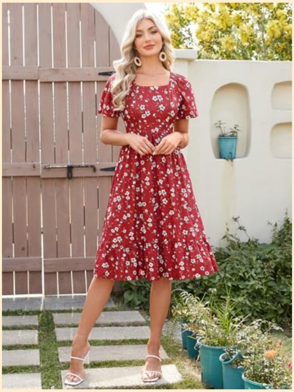 Square Neck Puff Sleeve A Line Midi Dress with Pockets - Picture 3 of 7
